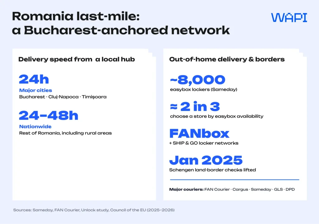 Romania last-mile delivery infographic with 24-hour major city delivery, easybox lockers, FANbox, and Schengen border update