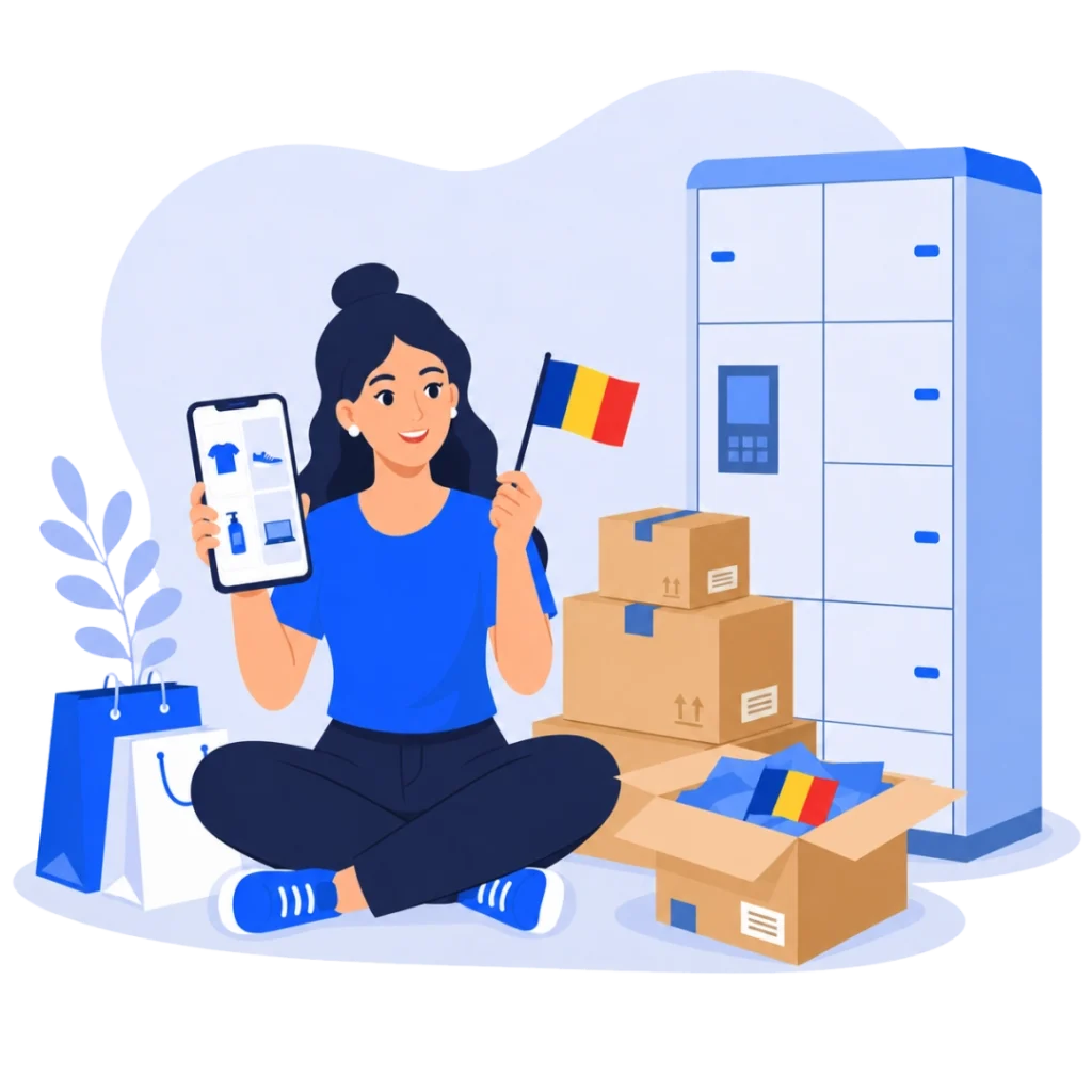 Romanian ecommerce market guide 2026 with shopper, parcel lockers, packages, and Romania flag