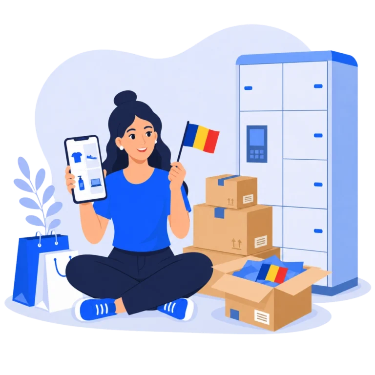 Romanian ecommerce market guide 2026 with shopper, parcel lockers, packages, and Romania flag