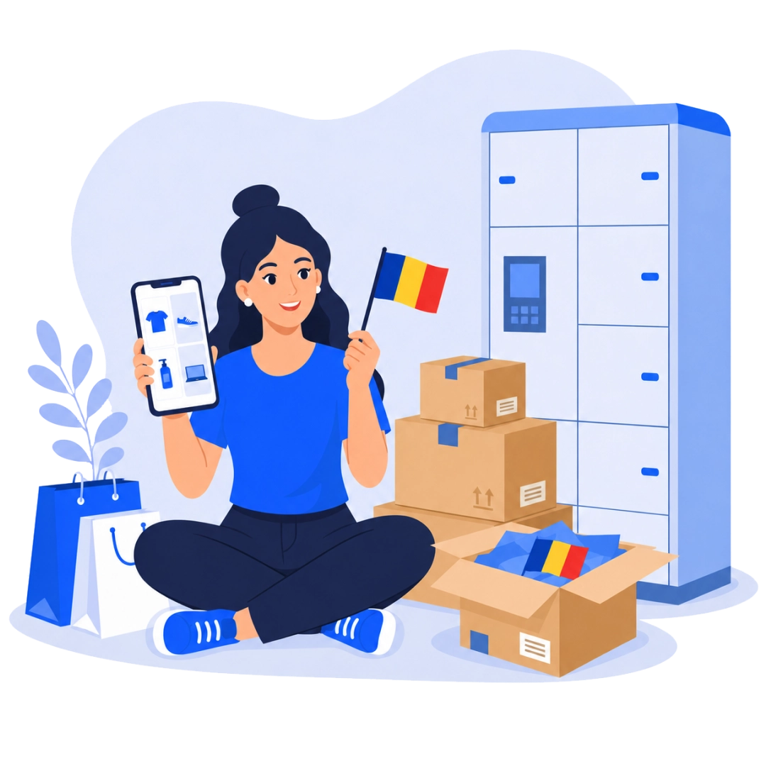 Romanian ecommerce market guide 2026 with shopper, parcel lockers, packages, and Romania flag