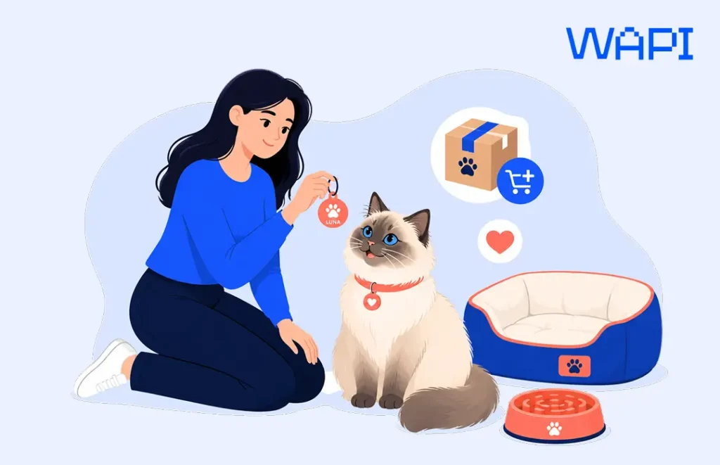A pet owner with a happy Neva Masquerade cat, personalized collar tag, pet bed, slow-feed bowl, and add-to-cart parcel.