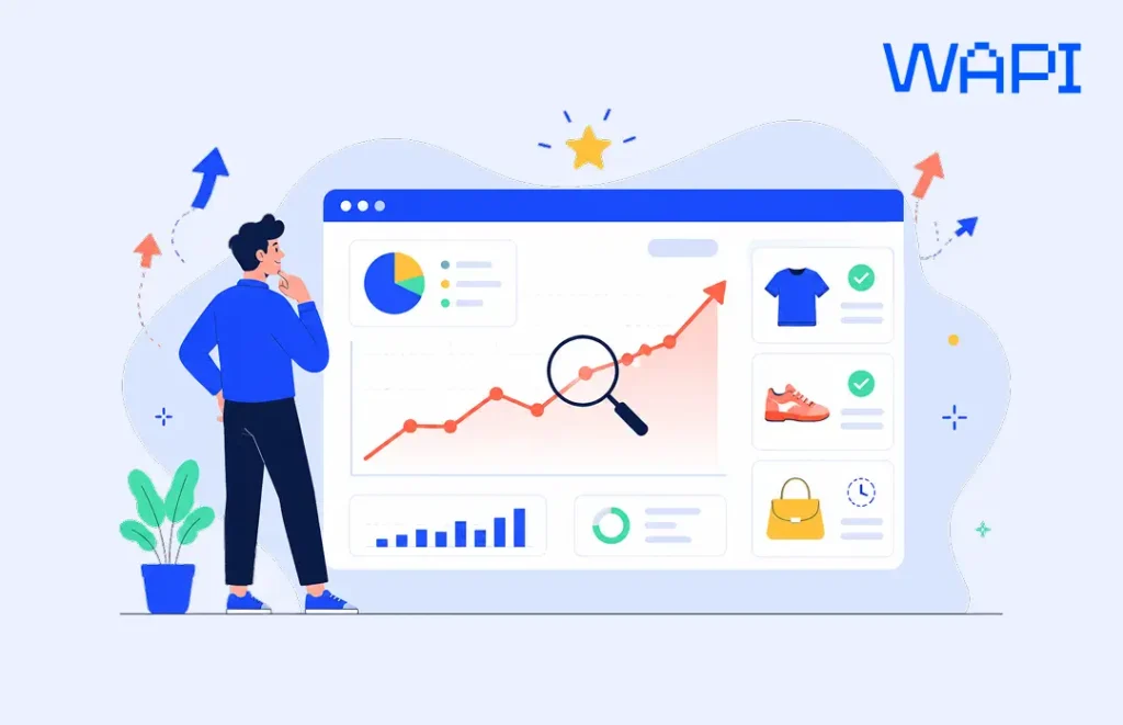 A seller studying a product validation dashboard with a rising trend line, magnifying glass, and product thumbnails.