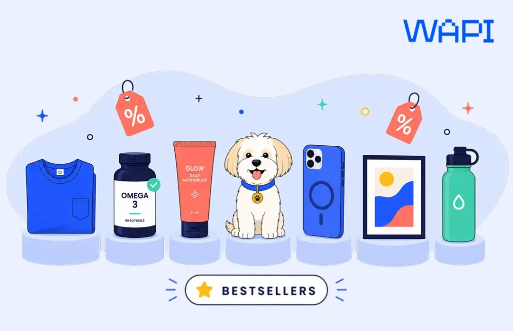 A lineup of Shopify product categories: t-shirt, supplement bottle, cosmetic tube, pet, phone case, wall art, and water bottle.