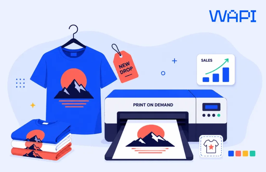 A print-on-demand printer producing a custom t-shirt design beside folded shirts, a new drop tag, and a sales arrow.