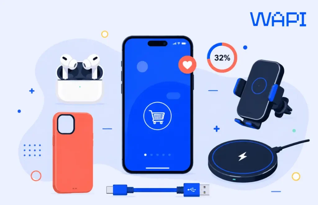A smartphone surrounded by tech accessories, including a case, earbuds, charger cable, wireless charger, and car mount.