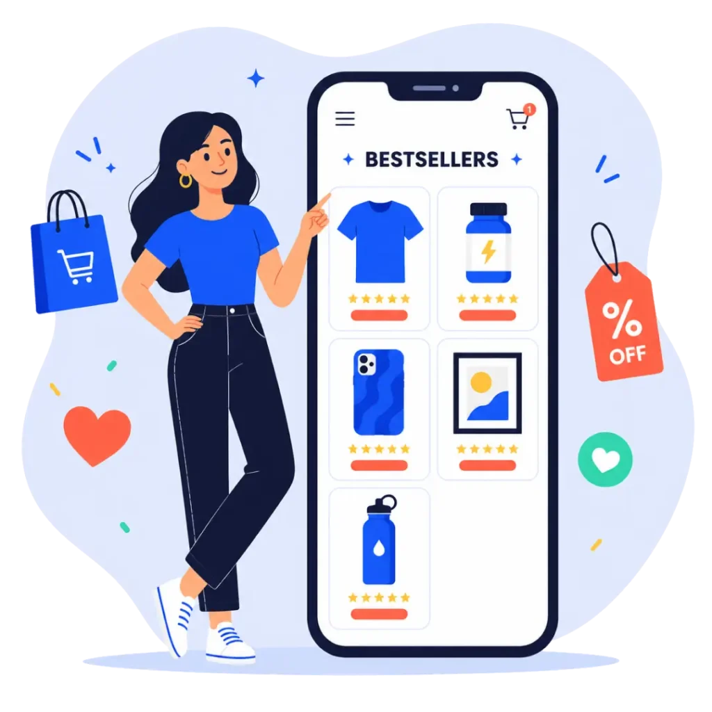 A seller browsing Shopify bestsellers on a phone, including apparel, supplements, tech accessories, wall art, and a water bottle.