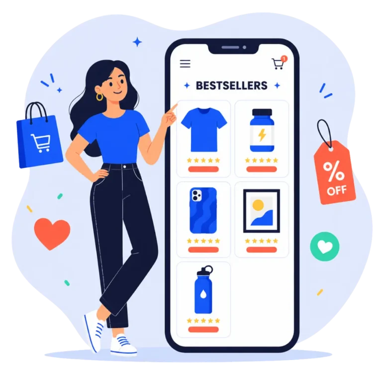 A seller browsing Shopify bestsellers on a phone, including apparel, supplements, tech accessories, wall art, and a water bottle.