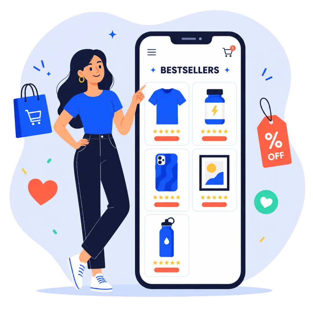 A seller browsing Shopify bestsellers on a phone, including apparel, supplements, tech accessories, wall art, and a water bottle.
