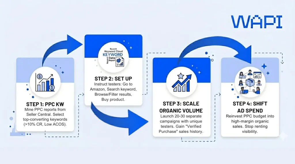 Combined Amazon PPC and product testing strategy for selecting keywords, scaling organic volume, and shifting ad spend