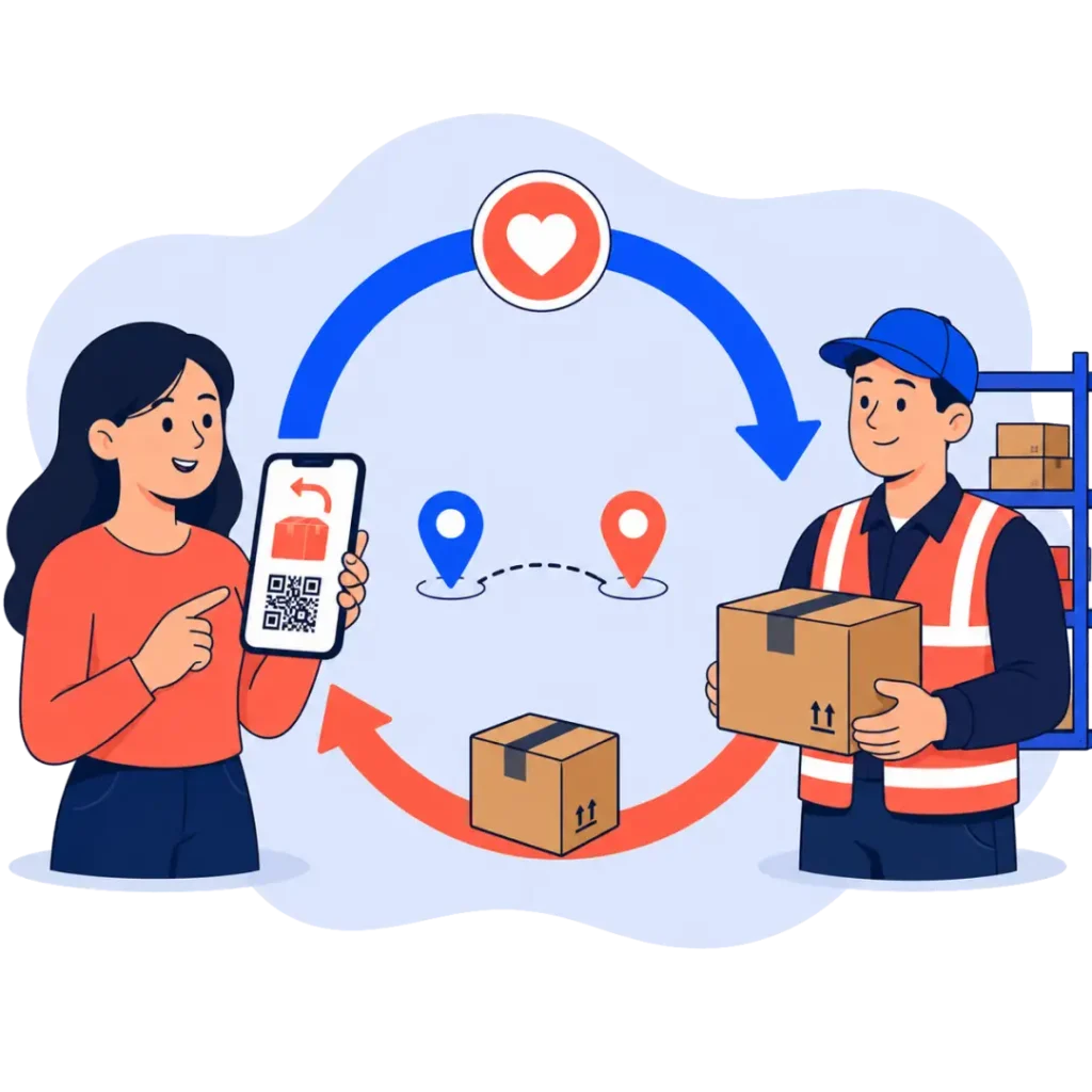 A shopper and a warehouse worker connected by a returns loop, with a returned parcel routed to a nearby local node.