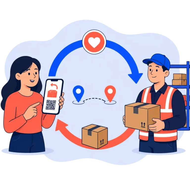 A shopper and a warehouse worker connected by a returns loop, with a returned parcel routed to a nearby local node.