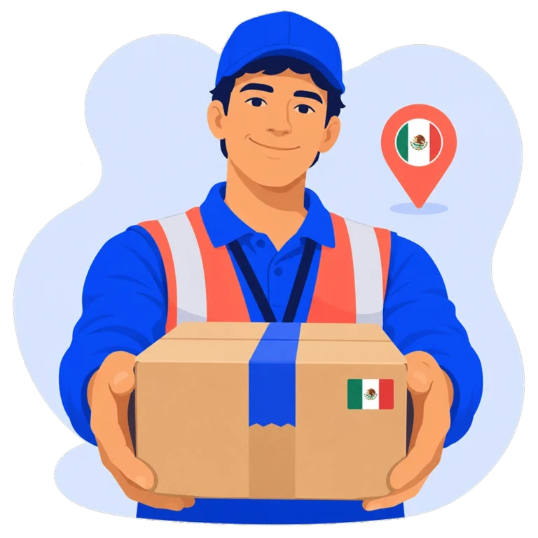 Courier in a blue uniform holding a cardboard parcel marked with a Mexico flag, with a location pin in the background.
