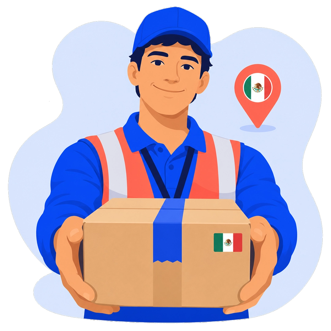 Courier in a blue uniform holding a cardboard parcel marked with a Mexico flag, with a location pin in the background.