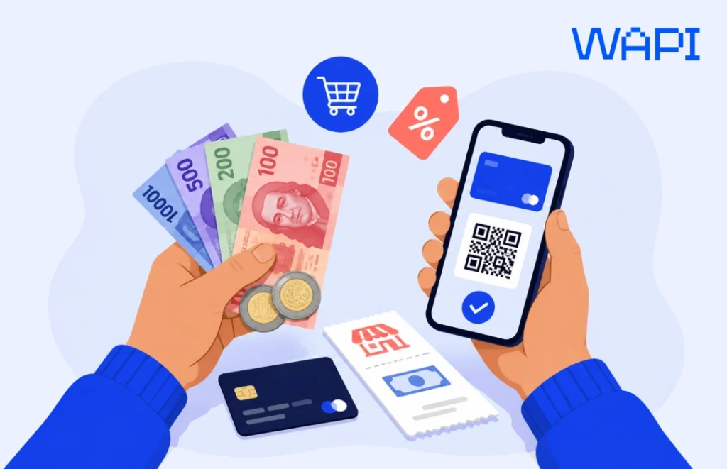 Hands holding Mexican peso cash and a smartphone with a digital wallet QR code, with a bank card and payment voucher nearby.
