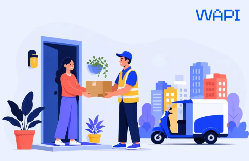 Courier handing a parcel to a customer at an apartment doorway, with a delivery vehicle and city buildings in the background.