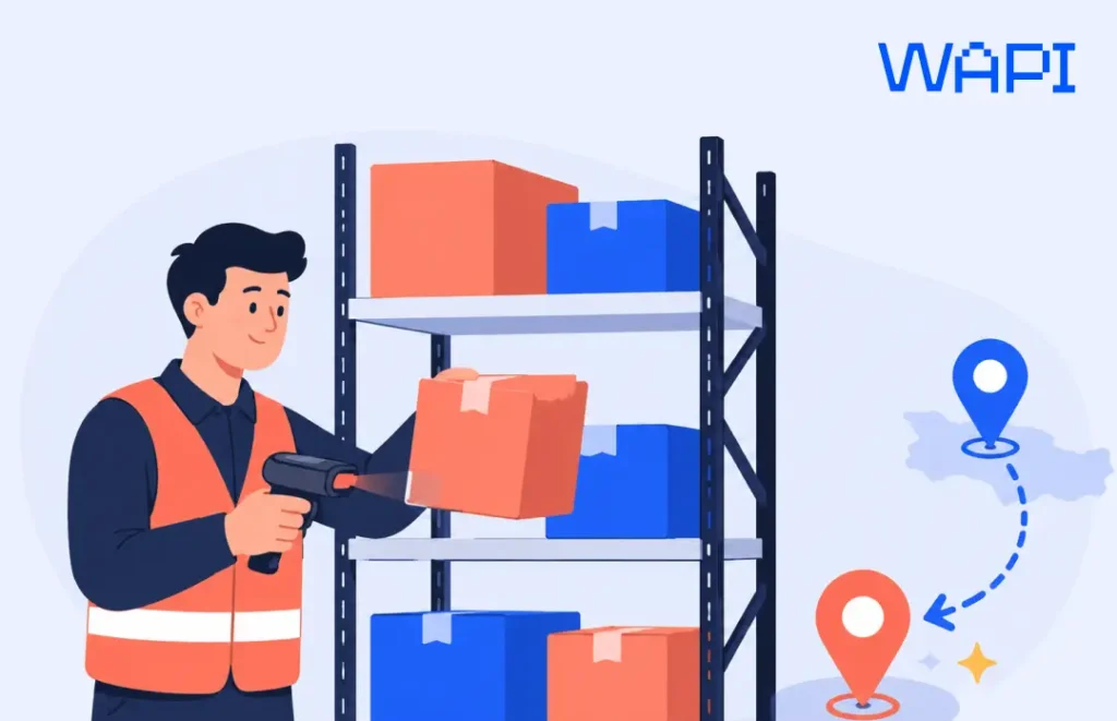 A warehouse worker scans a returned parcel and restocks it at a nearby local node instead of sending it back across a border.