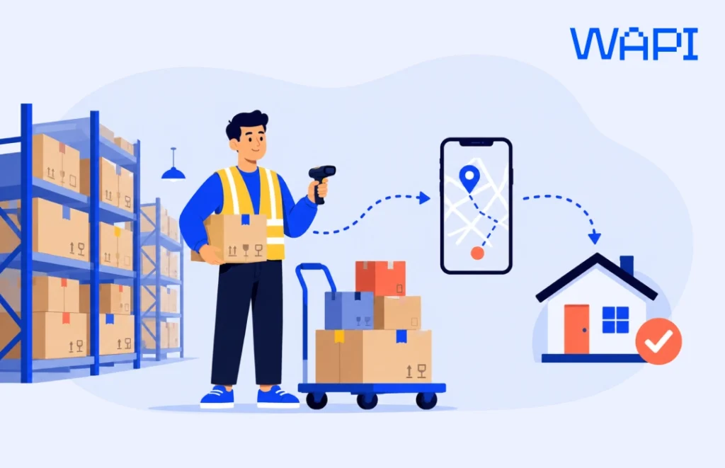 Warehouse worker scanning a parcel next to shelving and a trolley, with a route line to a phone map and a house.
