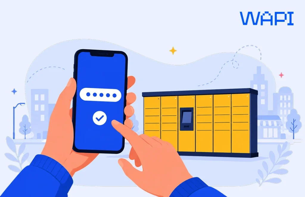 Hands holding a phone showing a payment confirmation beside a yellow parcel locker