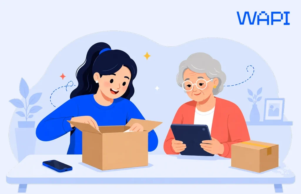 A young woman unpacks an ecommerce parcel at home while an older relative uses a tablet