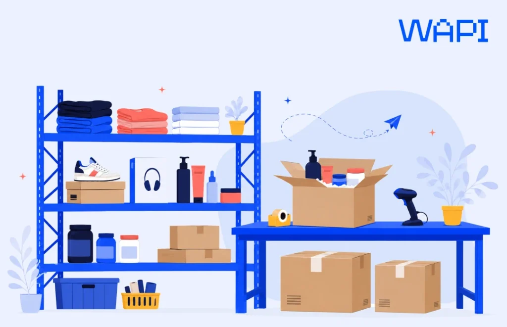 Fulfillment shelf with clothing, footwear, electronics, cosmetics, and supplements packed for shipping