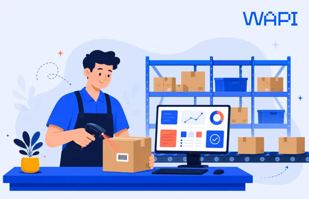 Warehouse worker scanning a parcel at a packing station beside an inventory dashboard