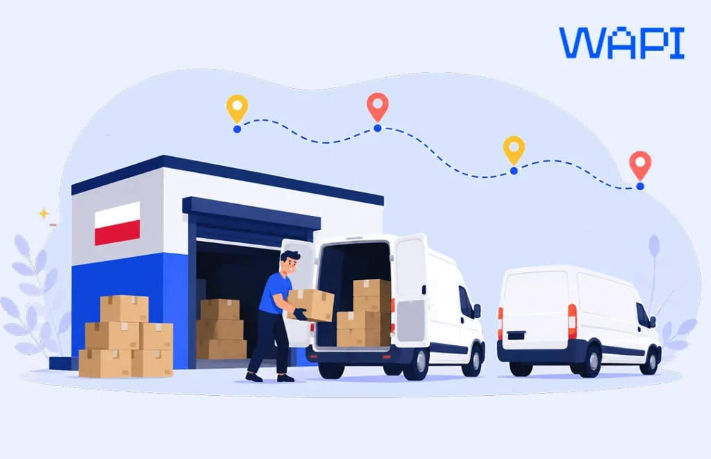 Delivery vans loading parcels at a Polish distribution center with regional route markers