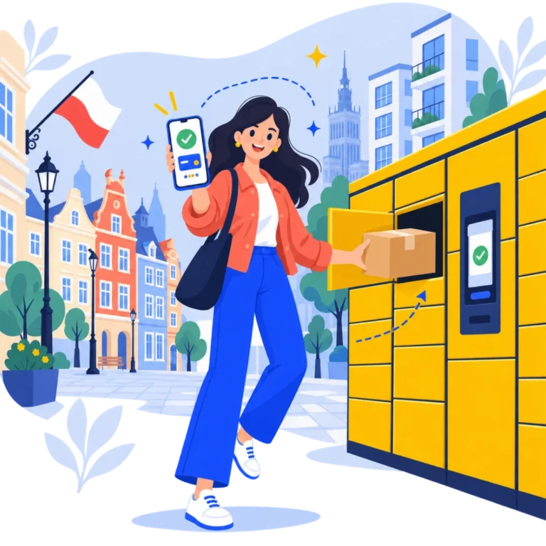 Shopper collecting a parcel from a yellow locker and paying by phone on a Polish city street